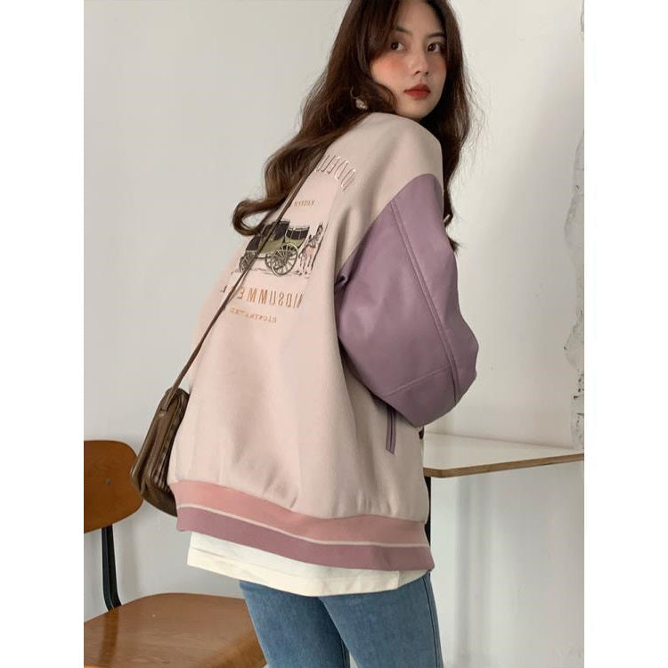 American Vintage Baseball Jacket Women's Loose PU Leather Patchwork