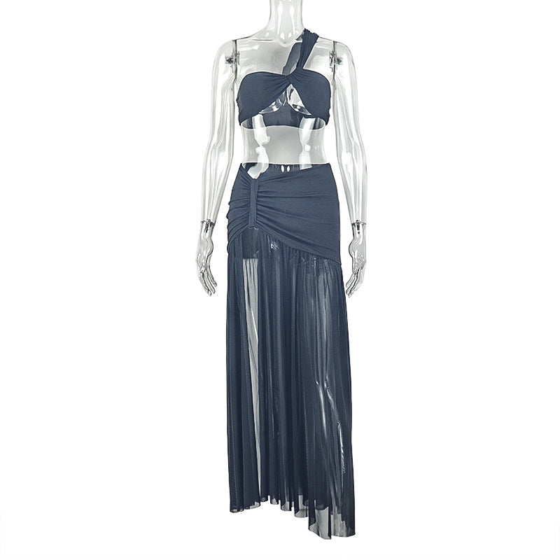 Women's Split Hem Bodycon Tube Top And One-Shoulder Two-Piece Set