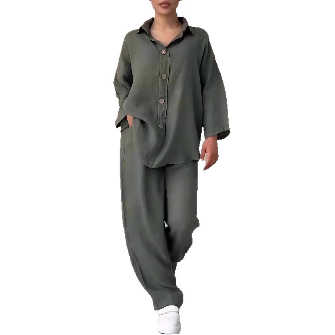 Cotton And Linen Shirt Outfit High Waist Loose Trousers