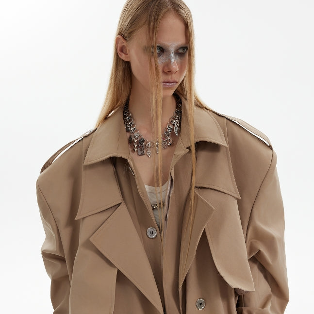 Heavy Industry Niche Deconstructs Fake Two-piece Padded Shoulder Trench Coat