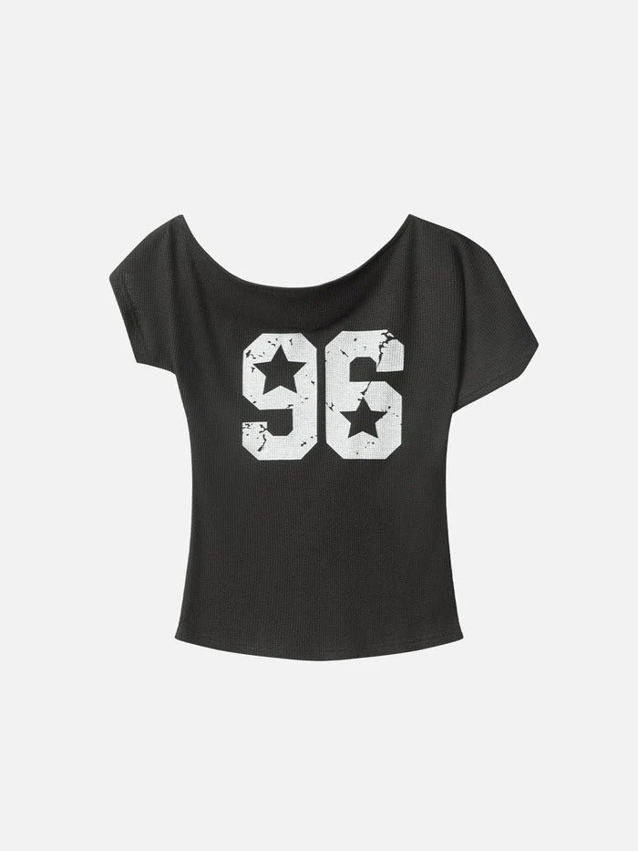 Afslappet Løs Sporty Stil Printet Én Skulder Pullover Kortærmet