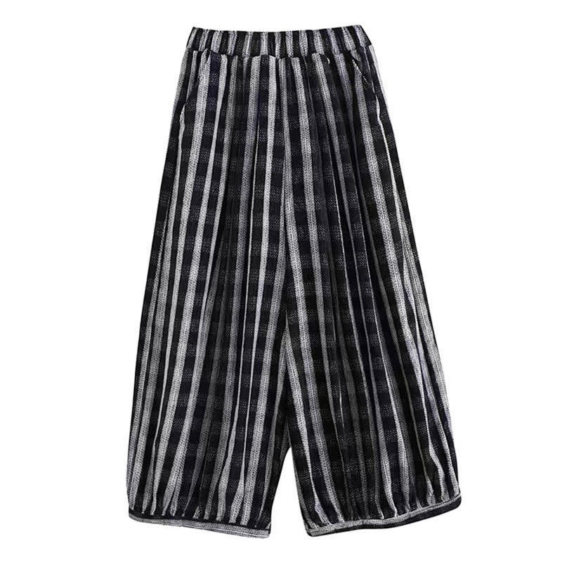 Elastic Waist Loose Stripe Dark Grid Contrast Lantern Wide Leg Casual Pants For Women