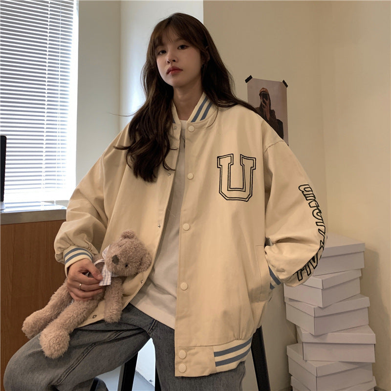 All-match Lazy Wind Brushed Twill Thin Baseball Uniform Loose Sweater Jacket