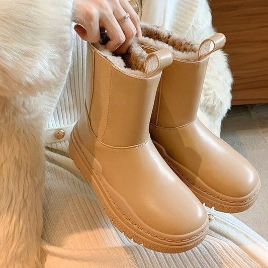 Plush Thick-soled Elastic Waterproof And Anti-fouling Snow Round Toe Cotton Boots