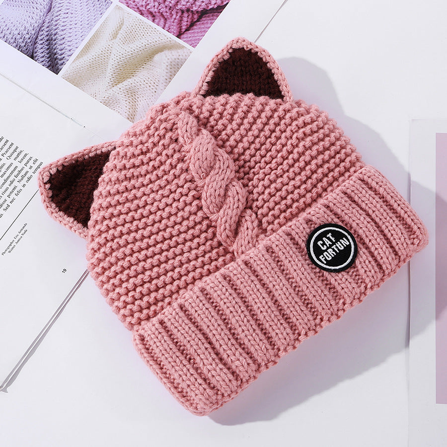 Female Cute Fleece Lined Cat Ears Woolen Cap