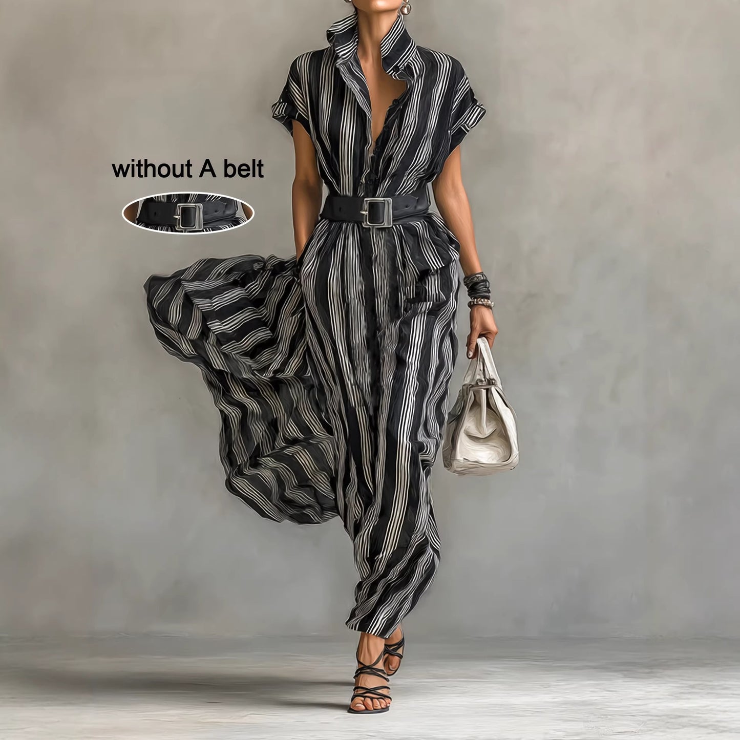 Elegant Womens Outfit Belted Short-sleeve Striped Shirt Dress