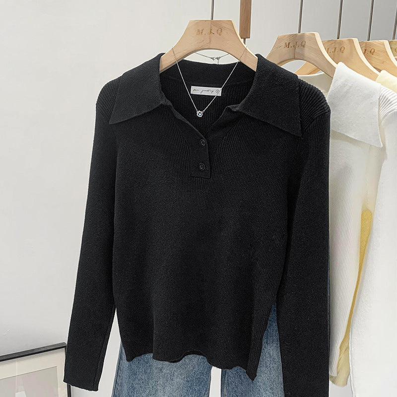 Polo Collar Button Base Long Sleeve Inner Wear Short Sweater Beautiful Top