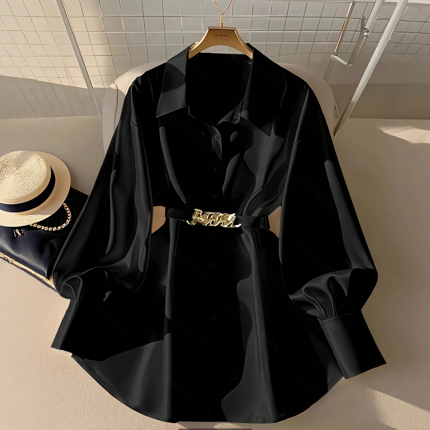 Gentle Pink Loose Lantern Sleeve Shirt Women's Metal Chain Waist Seal Top