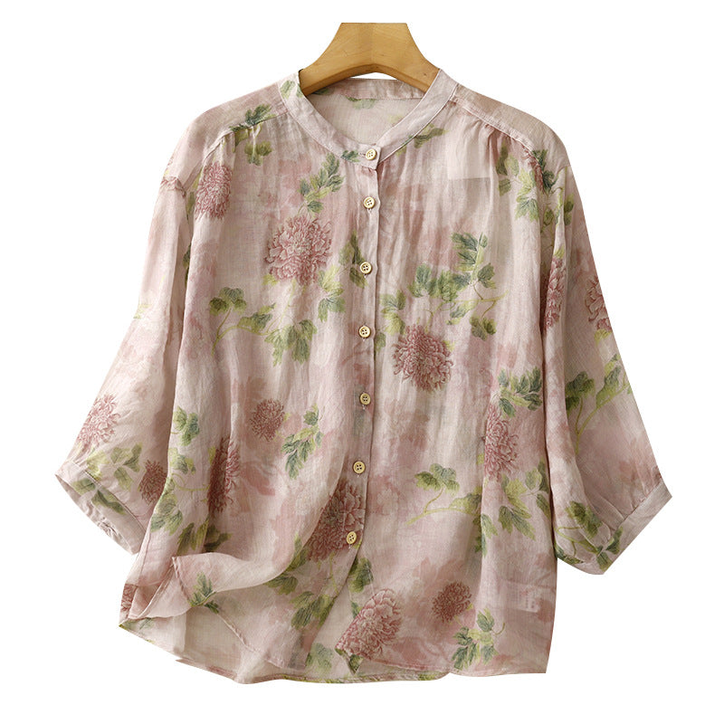 Sweet Doll Shirt With A Round Neck Three-quarter Sleeves And A Delicate Peony Floral Print On Ramie Fabric
