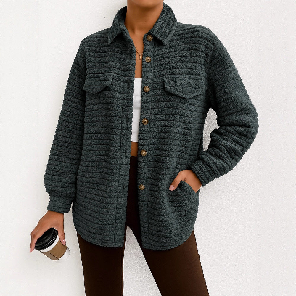 Casual Loose Fashion Striped Long Sleeves Cardigan Lapel Plush Coat