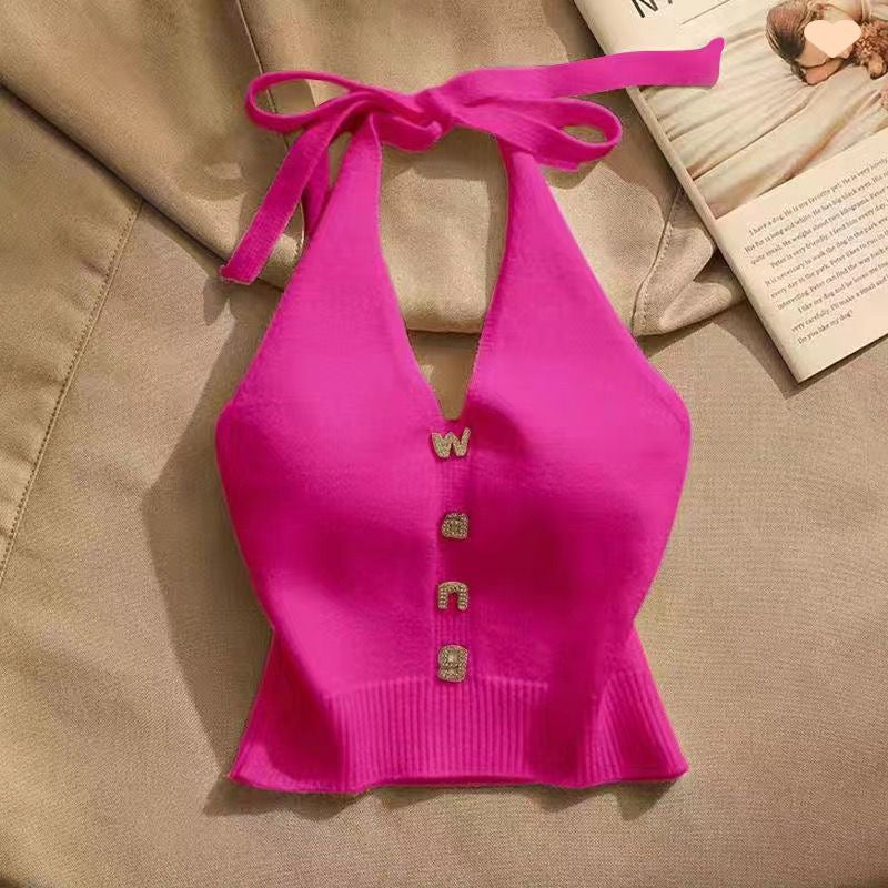 Summer Design Sense Off-the-shoulder Short Hot Girl Halter Spaghetti Straps Vest