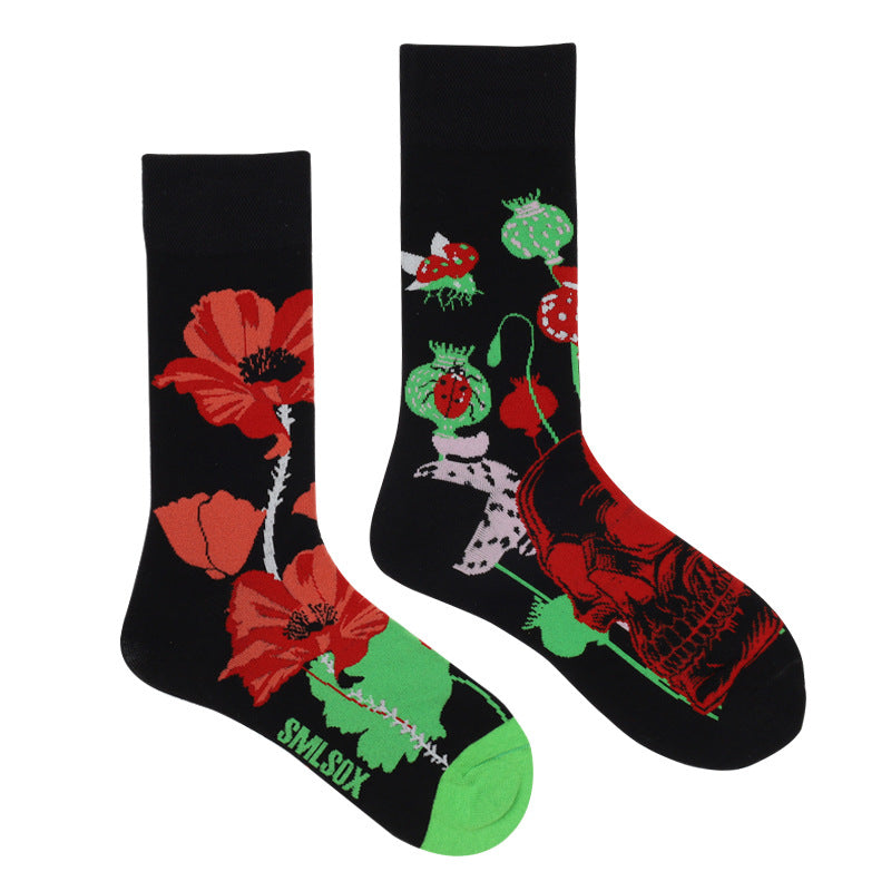 Asymmetrical Color Retro Personality Male And Female Couple Mid-length Cotton Socks