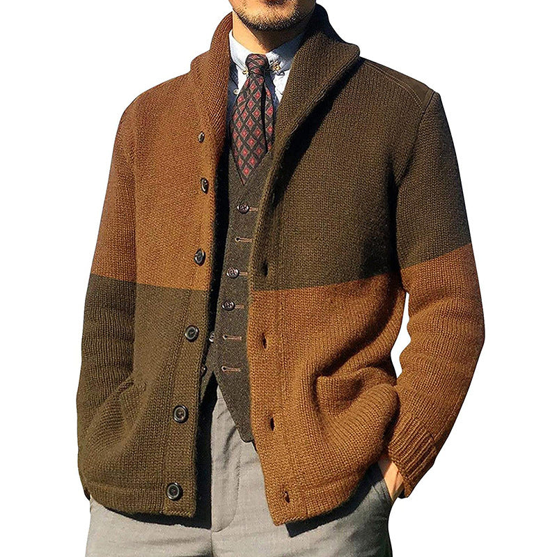 Men's Color-blocking Button Long-sleeved Knitted Jacket