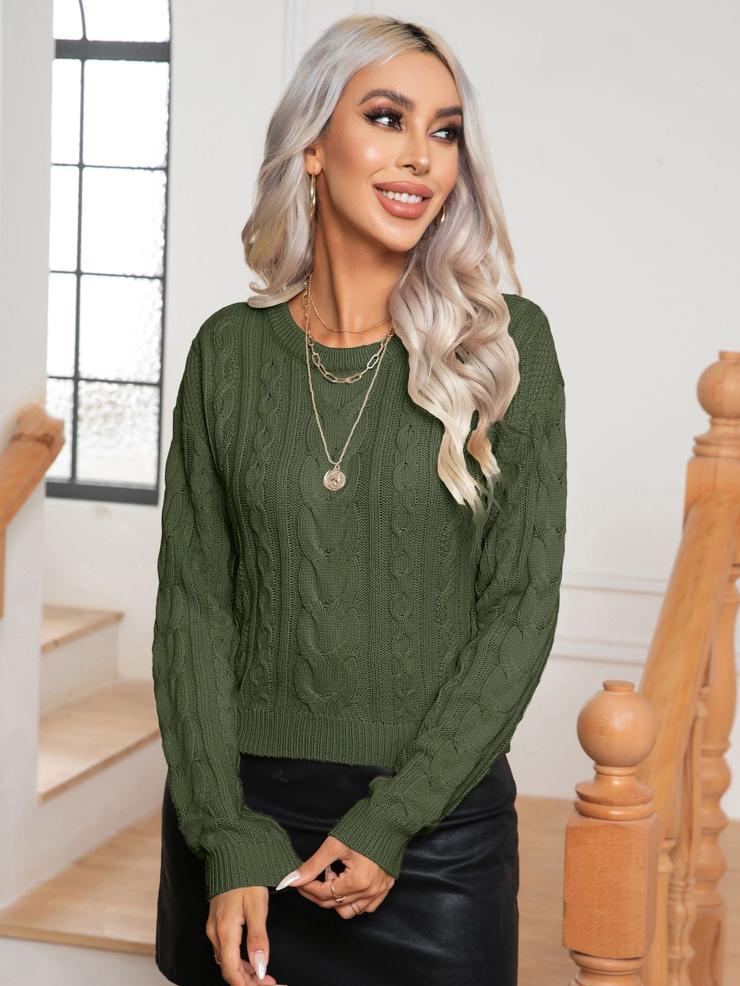 Womens Retro Cable-Knit Long-Sleeve Knitted Pullover Sweater