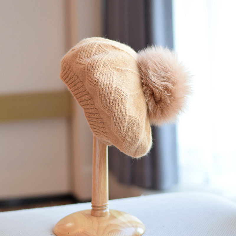 Female Autumn And Winter Knitting Fox Fur Ball Hat