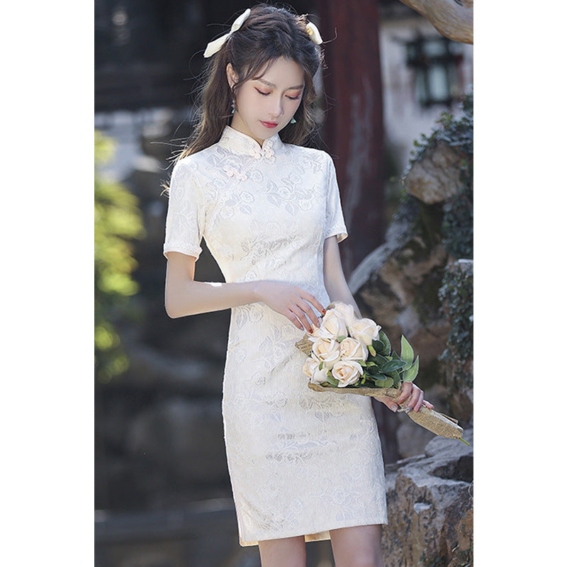 Elegant, High-end Short White Retro-modernized Cheongsam Dress