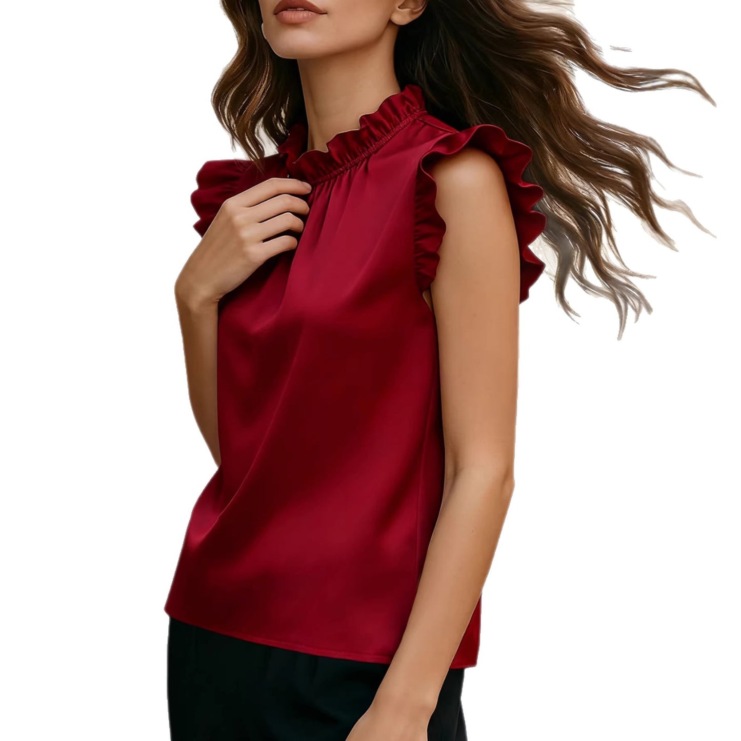 Versatile Commuter Shirt With Bishop Sleeves And A Ruffled Stand Collar