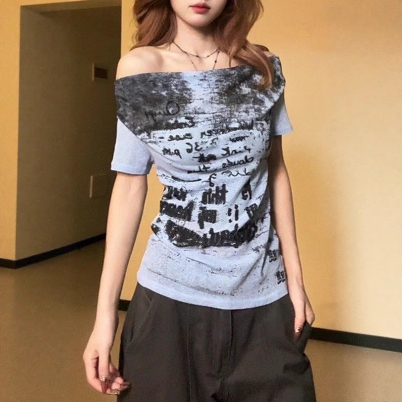 American-style Retro Off-shoulder Boat-neck Short-sleeve T-shirt