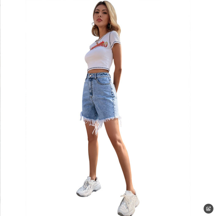 SpringSummer Slimming Raw-Edge Wide-Leg Denim Shorts