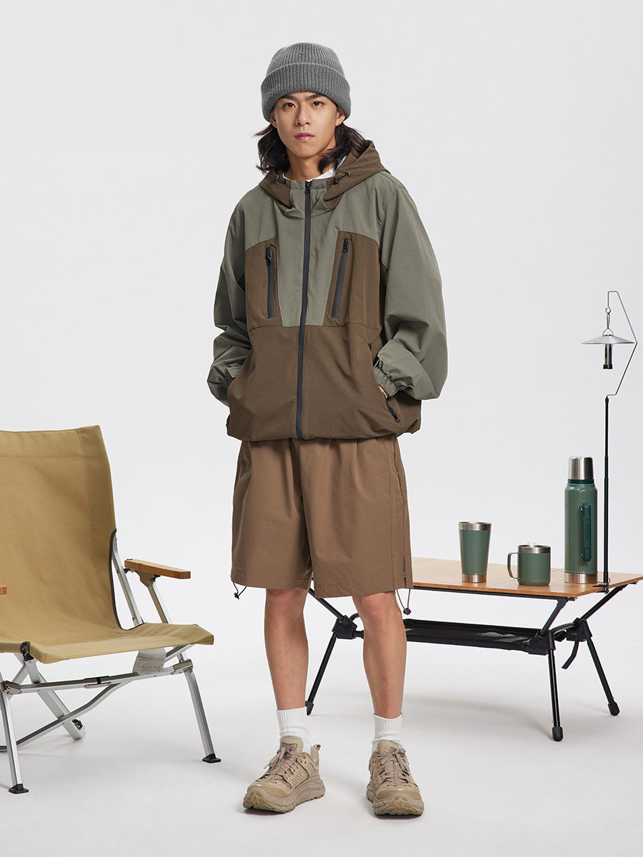 Men's Fashion Retro Color Matching Outdoor Sports Hooded Shell Jacket