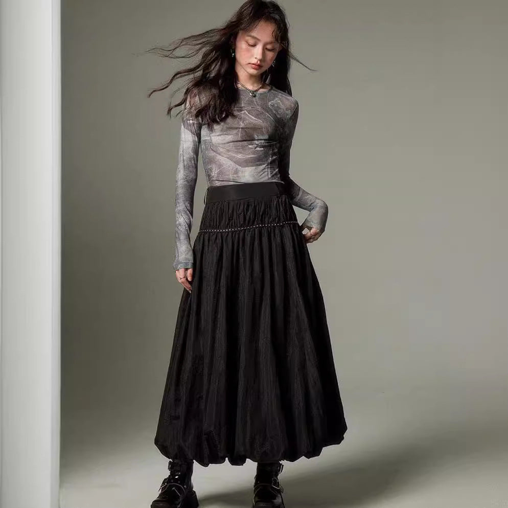 Simple Temperament Pleated High Waist Long Bud Skirt Solid Color