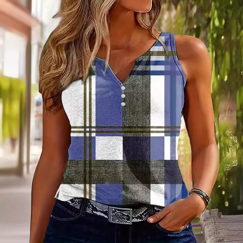 V-neck Buttons Sleeveless 3D Digital Casual Loose Vest
