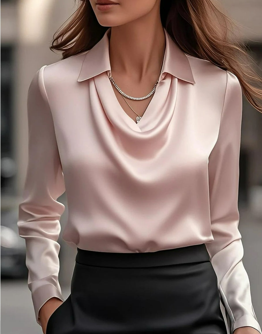 Dame Bluser med Svunget Krave og Drapering Elegant Ensfarvet Satin Kontor Dame Top Pullover Forår Langærmet Casual Toppe