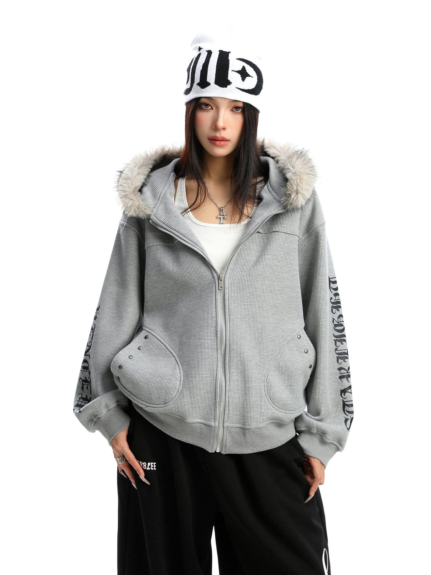 Women's Zipper Cardigan Detachable Fur Collar Sweater