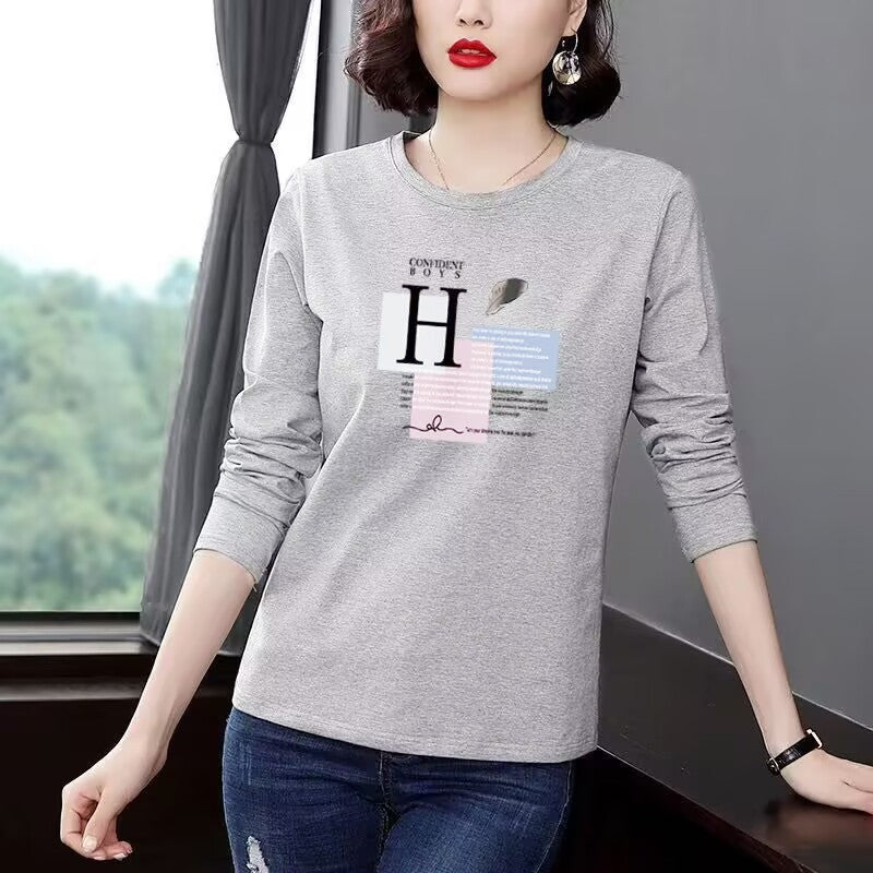 Middle-aged And Elderly Long-sleeved T-shirt Women's Thin Round Neck Bottoming Shirt Printed Casual Loose Top