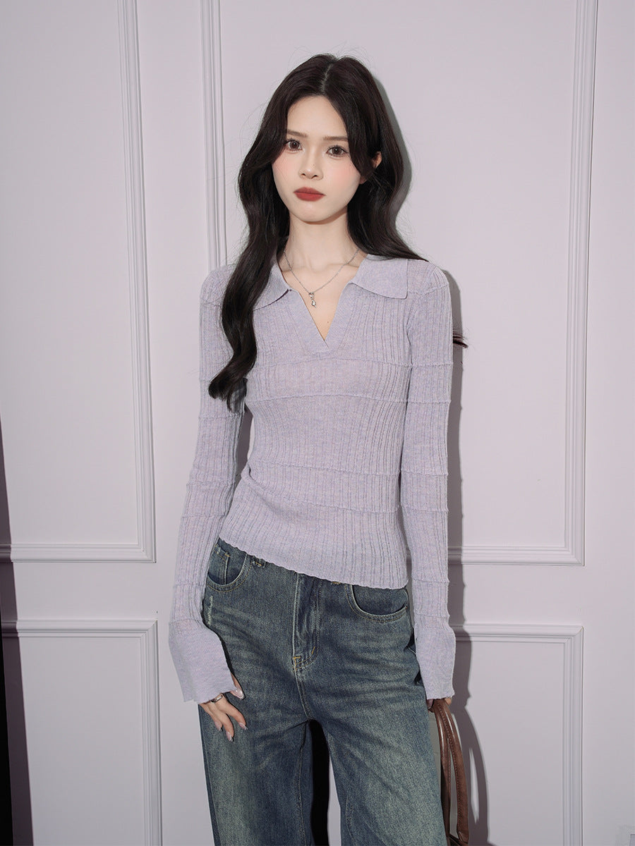 Women's Slim Fit Inner Wear Lapel Knitted T-shirt
