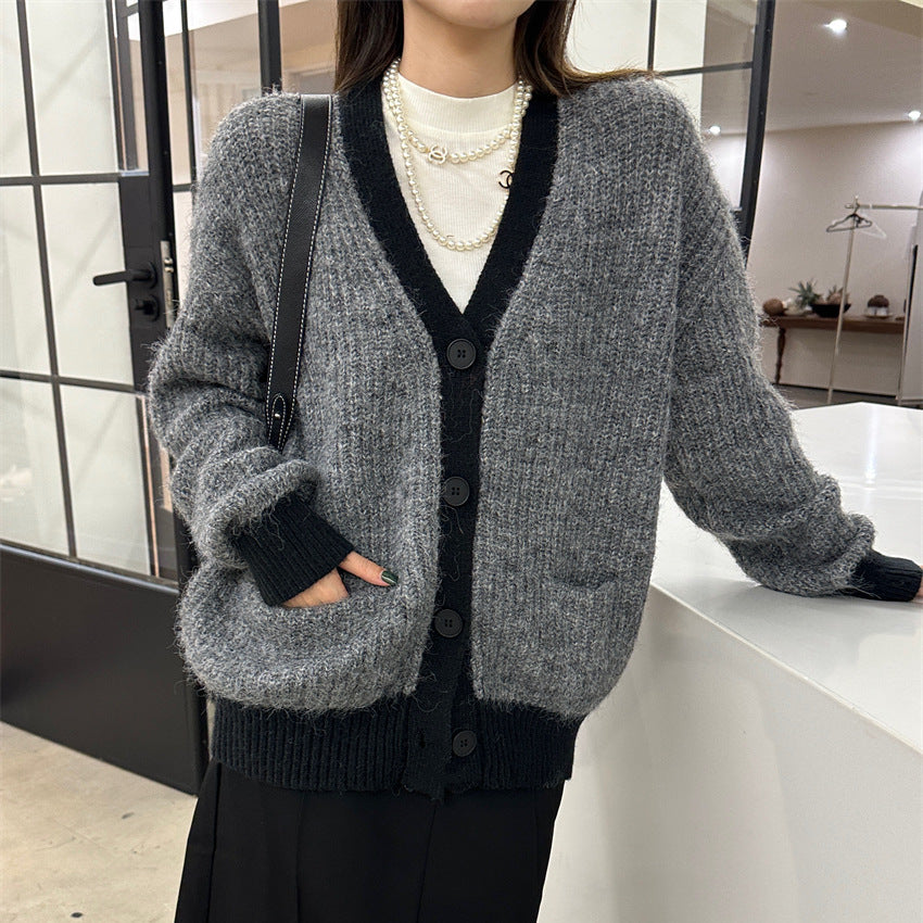 Women's Wool Contrast Color Knitted Sweater Cardigan V-neck