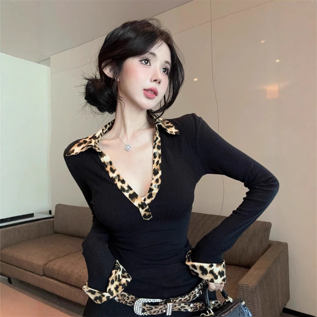 Women's Leopard Print Knitted Base Layer Top
