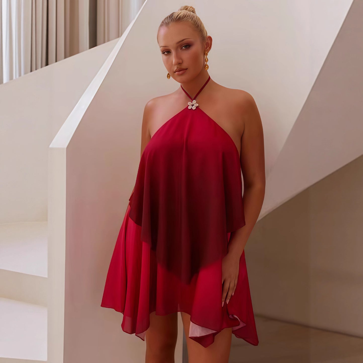 Mesh Gradient Color Halter Loose Dress