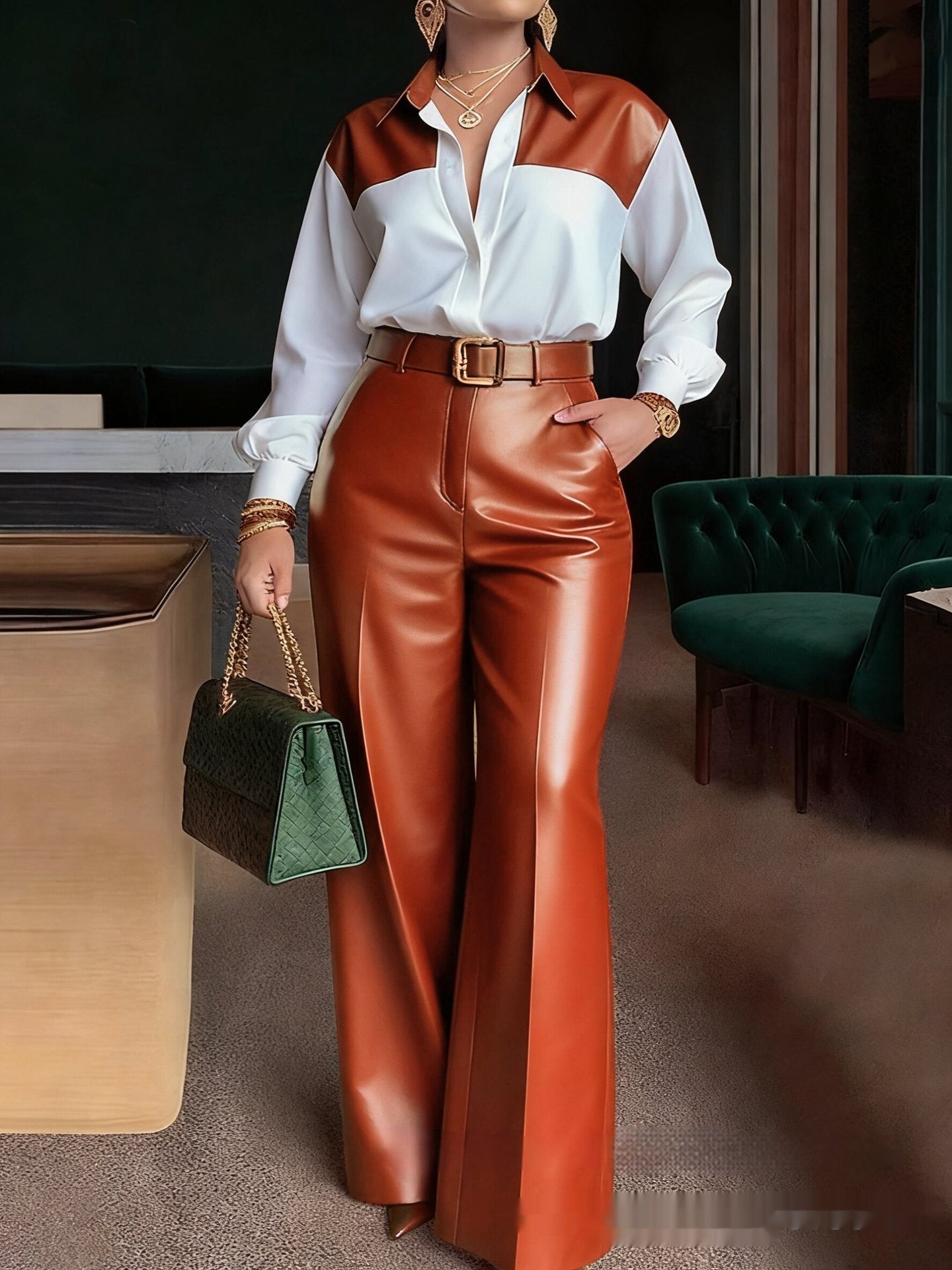 Women's Long-sleeve Shirt And Wide-leg Leather Pants Two-piece Set