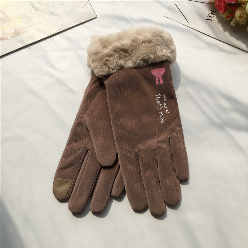Efterår og vinter ridehandsker til kvinder, koreansk stil, alfabet, tegneserie, varme, dobbeltlags fleeceforede