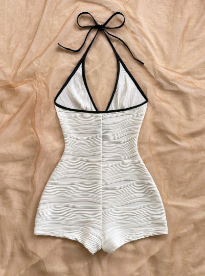 Slimming Halter Jumpsuit Bikini In Solid Color Body-Flattering Tummy-Hiding Waist-Slimming And Sun-Protective