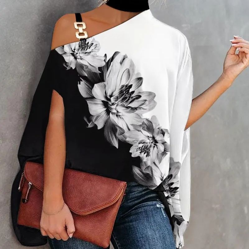 Wear Halter Shawl Printed Elegant Short Sleeve Bat Shirt