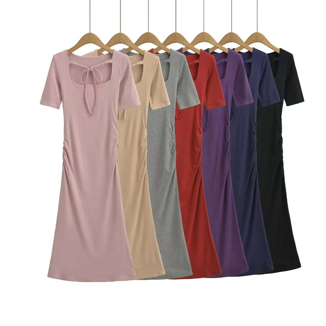 Square Neck Tie-waist Pleated Short Sleeve Dress