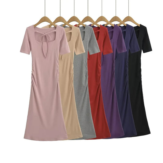 Square Neck Tie-waist Pleated Short Sleeve Dress