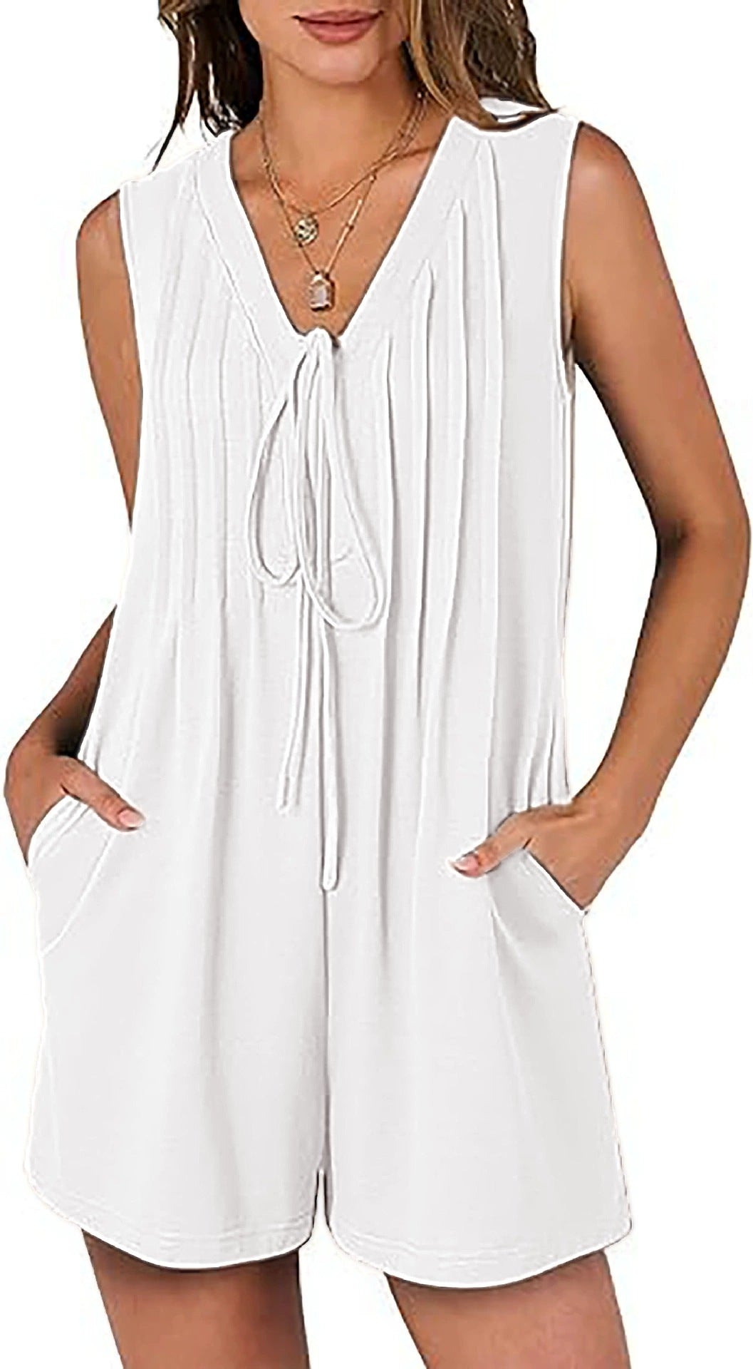 Summer Loose Sleeveless Pleated Front-tie V-neck Short Jumpsuit With Pockets