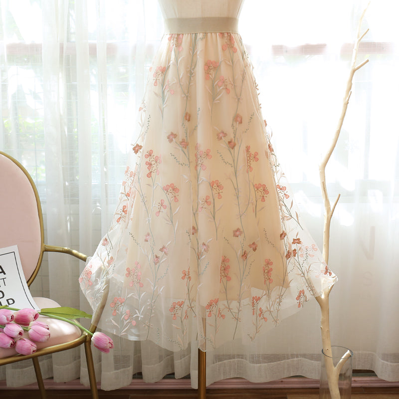 High Waisted Embroidered A-line Skirt Mesh