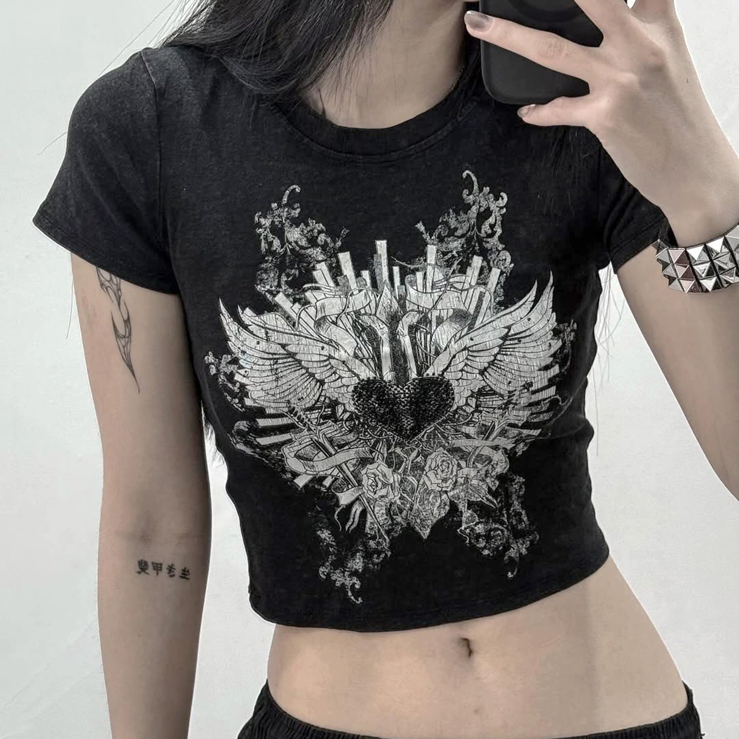 Dark-style Edgy Printed Black Crew-neck T-shirt For Summer