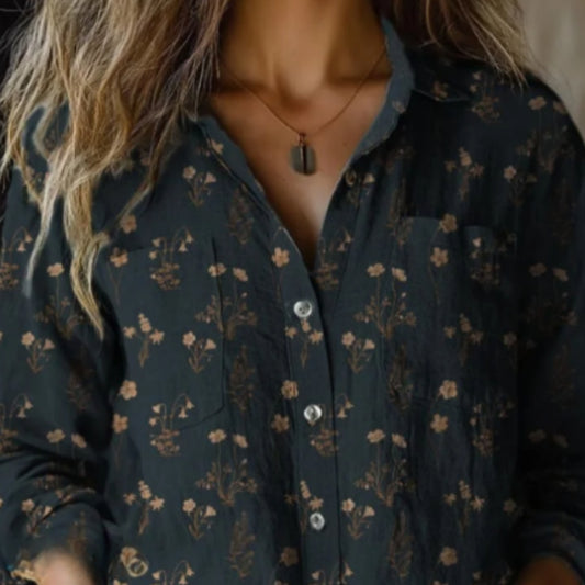 Women's Black Floral Pattern Print Casual Long Sleeve Cotton Shirt