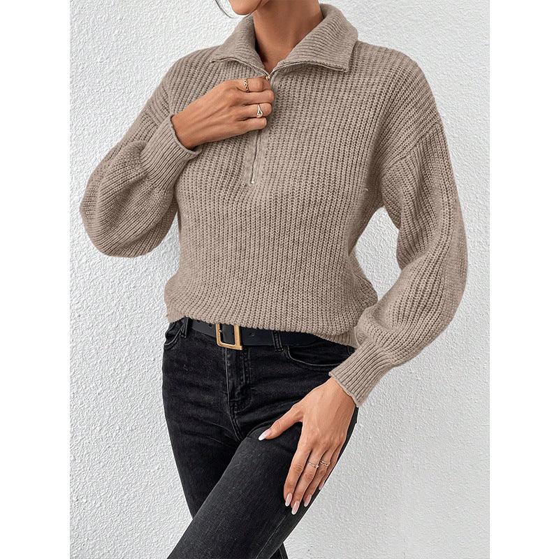 Women's Zipper Pullover Solid Color Loose Casual Long Sleeves Sweater
