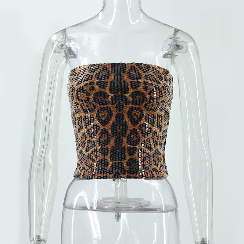 Women's Leopard Print Sequined Bandeau Slim-fit Inner Vest