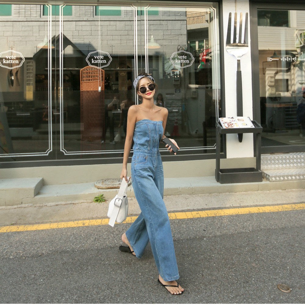 Forår Og Sommer Koreansk Version Tube Top Viser Tynd Brede Ben Ni-punkts Jumpsuit