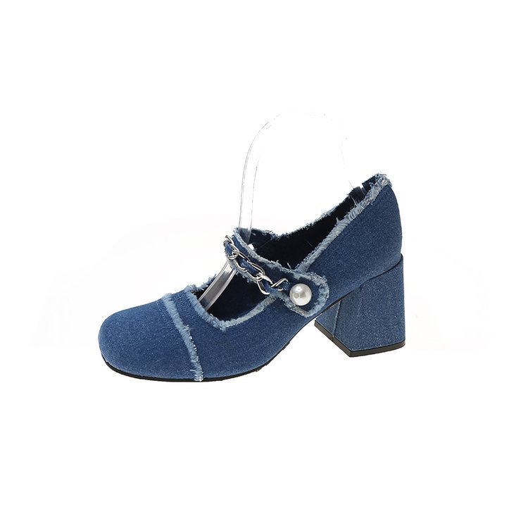 Denim Pearl Square Toe High Heels Women's Middle Heel Shoes