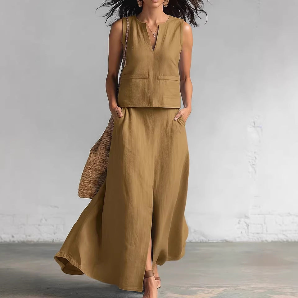 Simple And Elegant Two-piece Set Featuring A V-neck Top And A Skirt