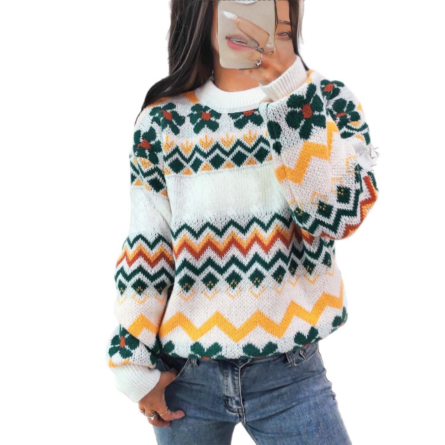 Vintage Jacquard Knitted Round Neck Long Sleeve Women's Sweater