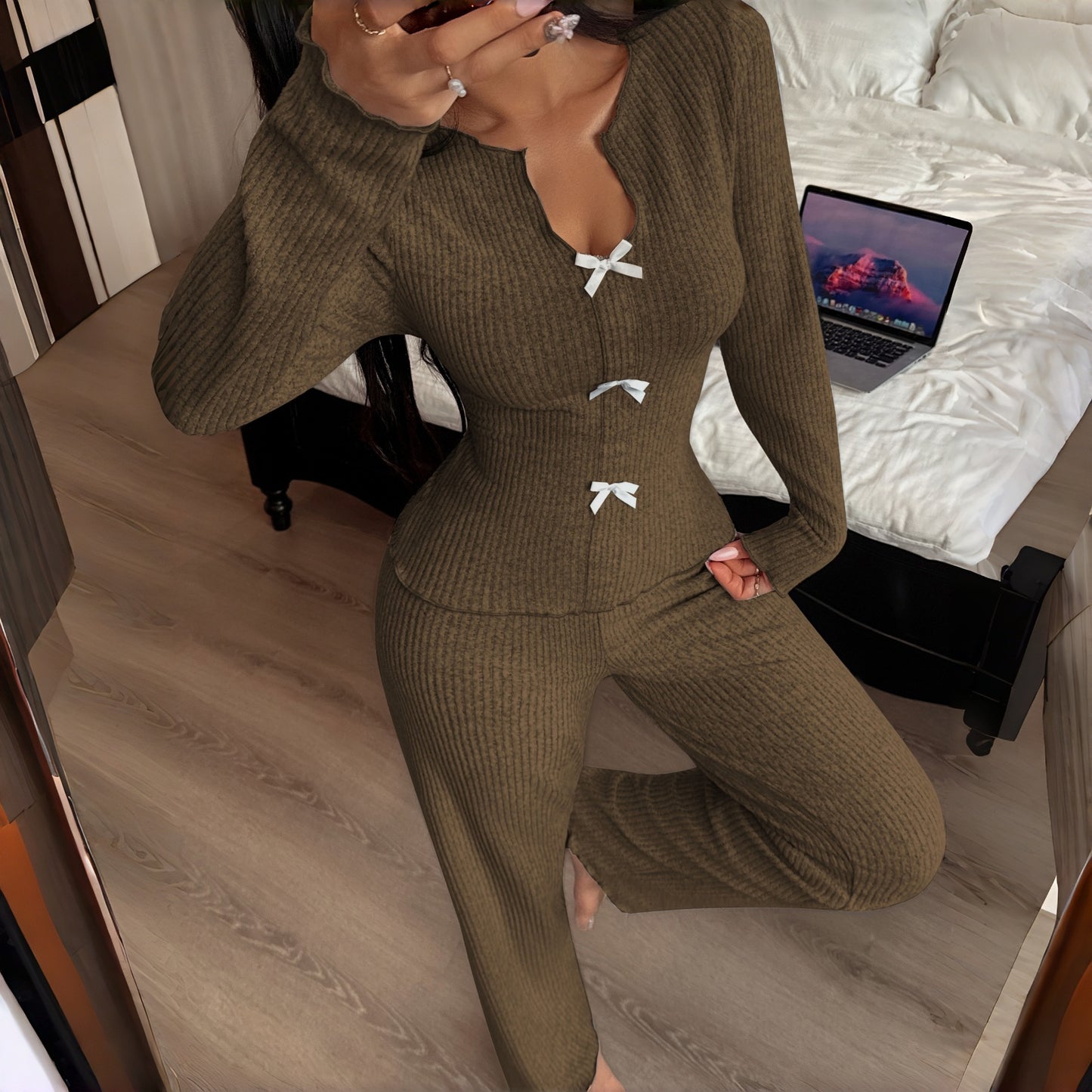 Women's V-neck Bow Long Sleeve Pantsuit